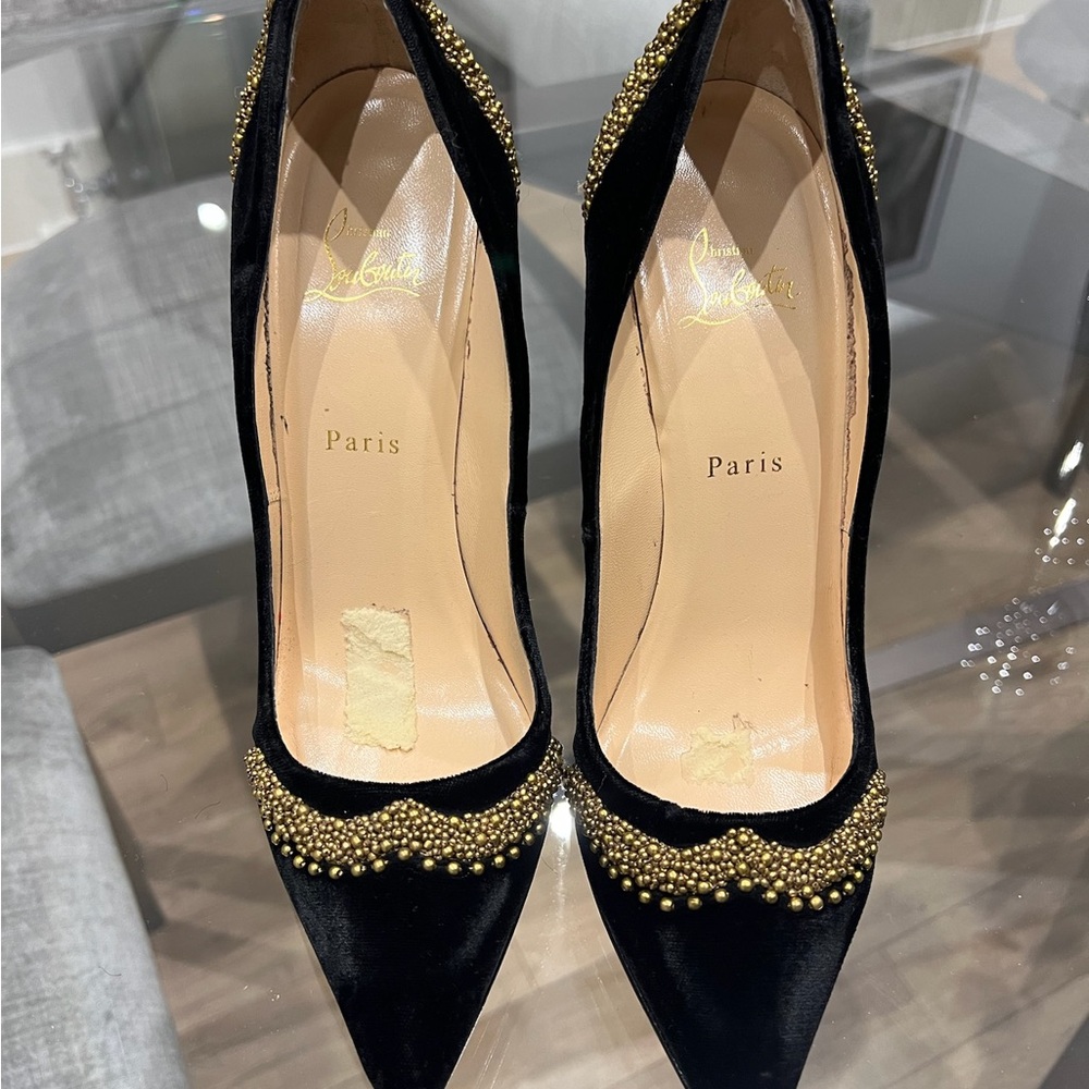 Christian Louboutin Black Velvet Heels with Gold Accents